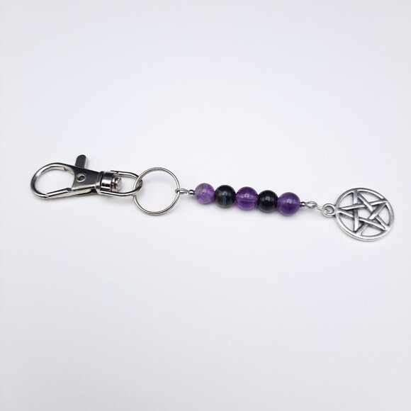 Pentacle Pentagram Wiccan Witch Purple Black Goth Keychain Handmade Accessory - Picture 4 of 7